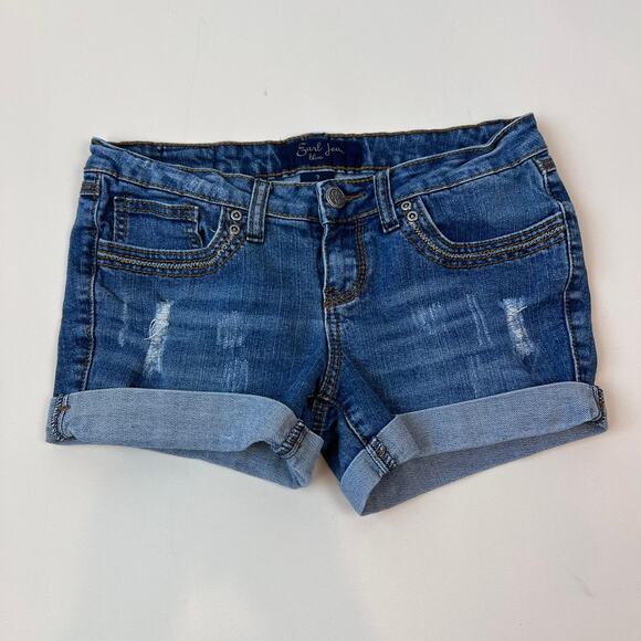 Vintage Y2K Low Rise Denim Shorts size 7 Cuffed Distressed - Picture 1 of 7